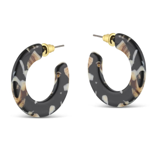 Flat Resin Hoop Earrings - Black/Beige