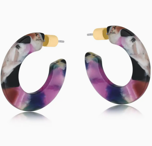 Flat Resin Hoop Earrings - Grey/Purple/Cream