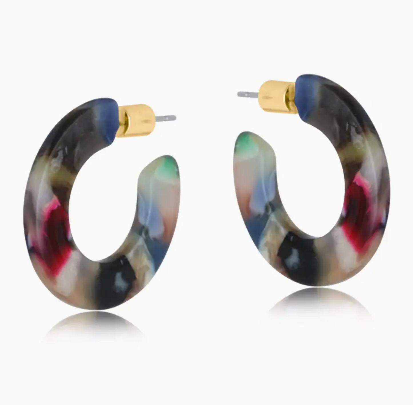 Flat Resin Hoop Earrings - Red/Blue/Grey