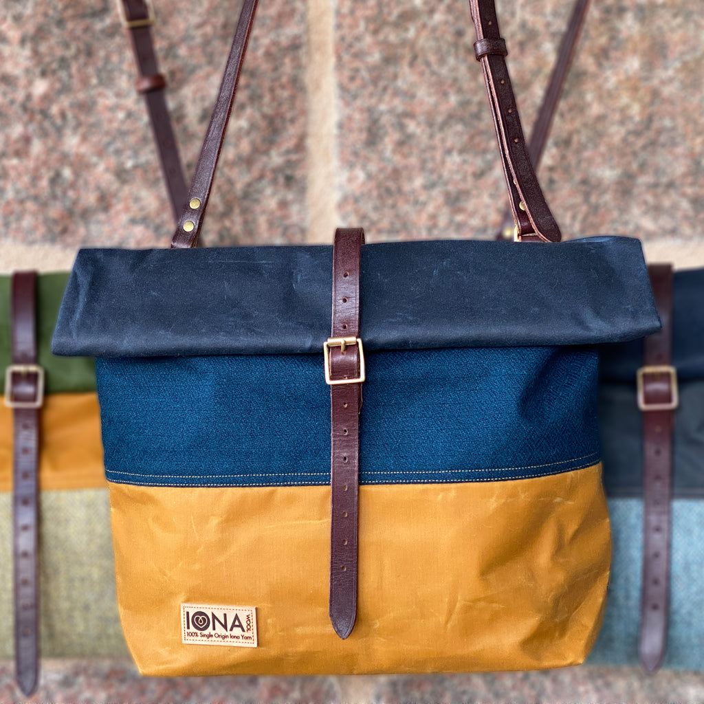 Iona Tweed Rolltop Crossbody Bag - Navy/Staffa/Ochre – Iona Craft Shop